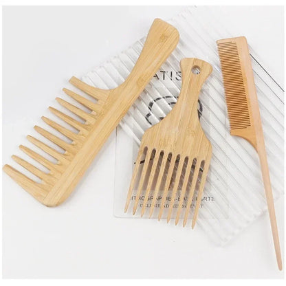 Natural Bamboo Wooden Hair Comb – Anti-Static Afro Fork, Wide Tooth Round Comb & Hair Brush for Women