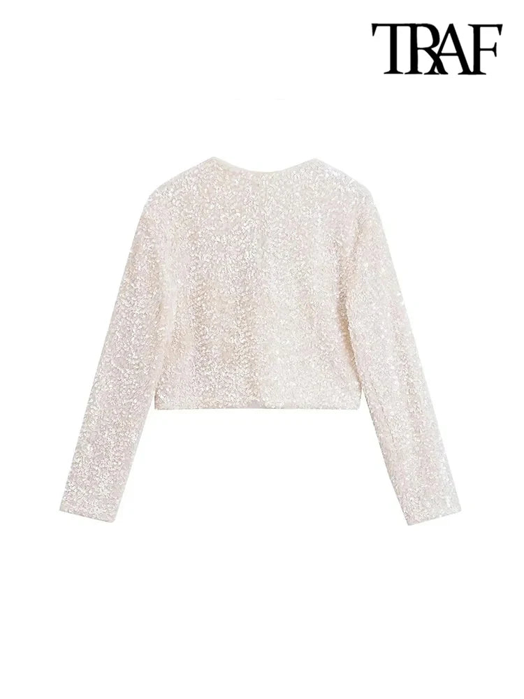 TRAF Women's Sequin Cropped Jacket – Long Sleeve O-Neck Coat with Bow Tie, Chic Outerwear Top