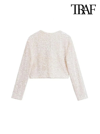TRAF Women's Sequin Cropped Jacket – Long Sleeve O-Neck Coat with Bow Tie, Chic Outerwear Top