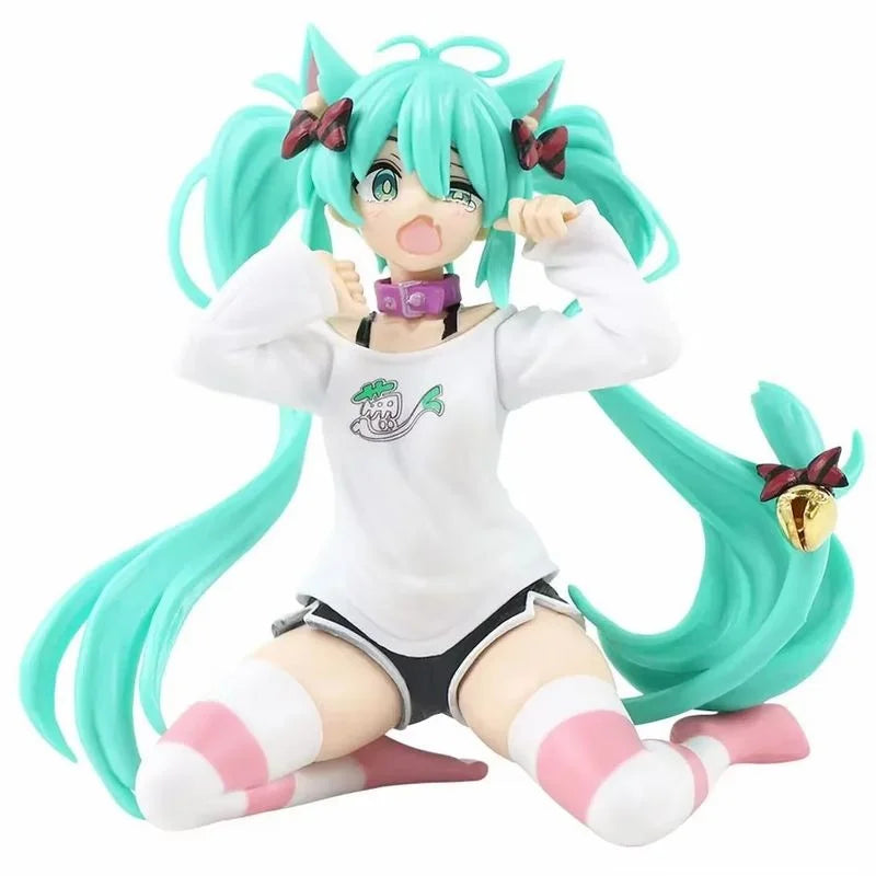 Hatsune Miku 12cm Neko Ears Figure – Cute Anime Desktop Figurine T-Shirt Ver. Kawaii Model Toy Decor