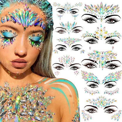 3D Sexy Face Tattoo Stickers: Temporary Glitter Fake Tattoos with Rhinestones for Women - Masquerade Party Face Jewels
