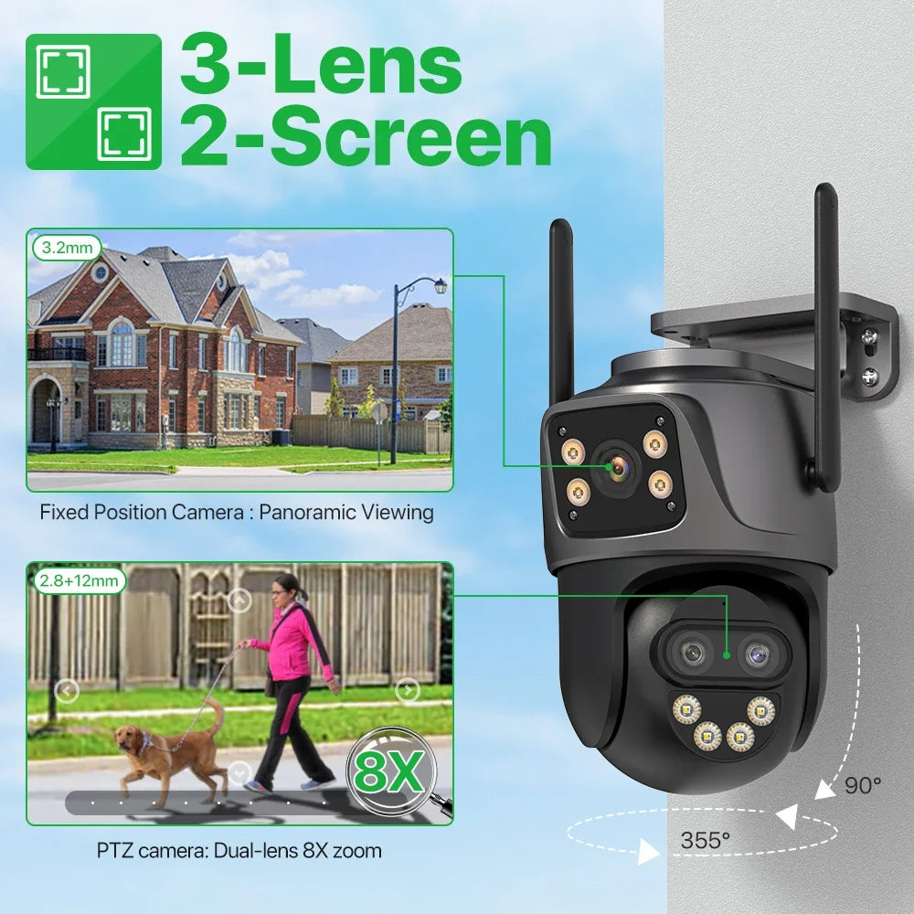6K 9MP HD Outdoor IP Camera, 3-Lens, Dual Screen, 4K/8MP, Auto Tracking PTZ Security Surveillance with iCSee