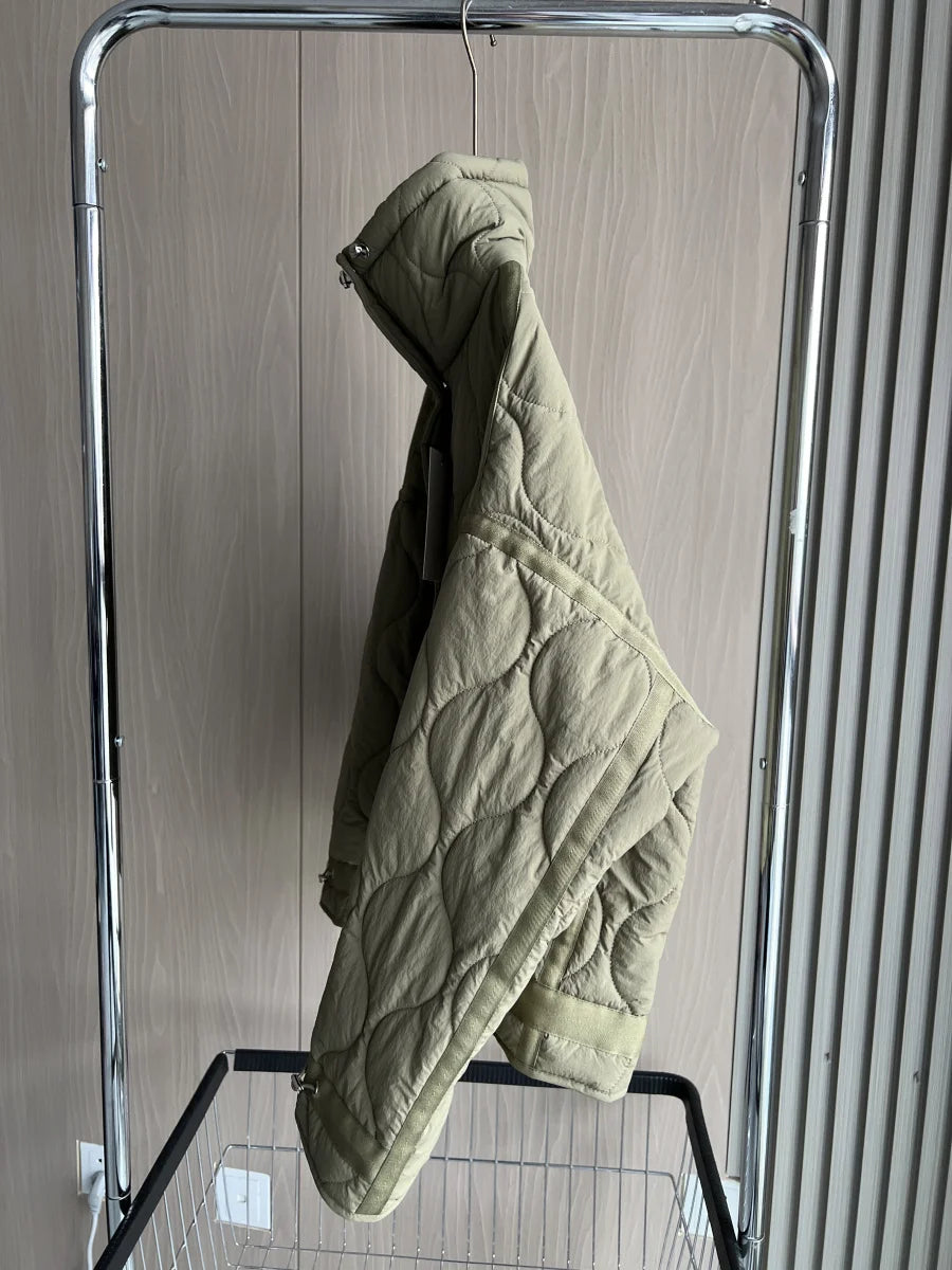 2024 ETJ Quilted Women's Coat – Beige Drawstring High Neck Jacket with Ties & Pockets