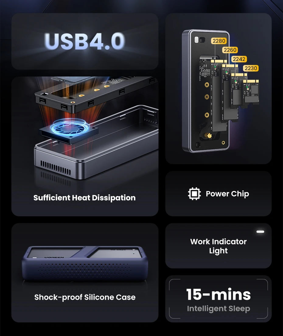 UGREEN 40Gbps NVMe SSD Enclosure – M.2 to USB4.0 Adapter with Built-in Cooling Aluminum Case