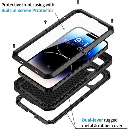 Heavy Duty Aluminum Metal Case for iPhone 16/15/14/13/12/11 Pro Max – Shockproof Gorilla Glass Cover for iPhone XS Max/XR/7/8
