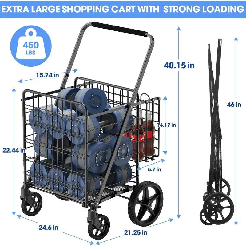 Large Cart Extra Large Collapsible Grocery Cart on Wheels — Heavy Duty Shopping C ...