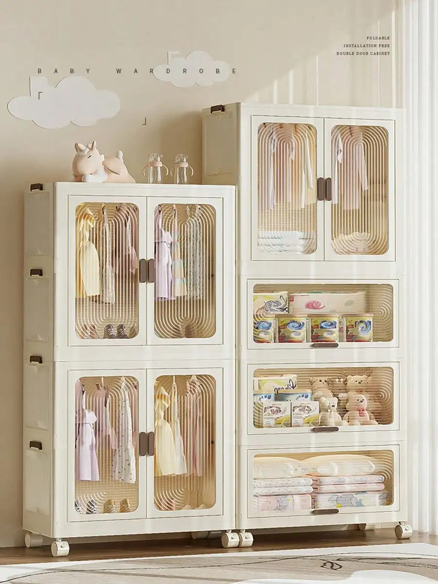 Plastic Wardrobe Closet — 27.6" Wide Stackable Multi-Layer Storage Bins with Lids & Wheels, Collapsible Drawer Organizer