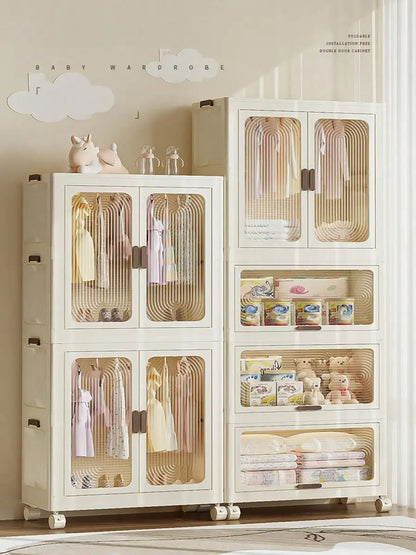 Plastic Wardrobe Closet — 27.6" Wide Stackable Multi-Layer Storage Bins with Lids & Wheels, Collapsible Drawer Organizer