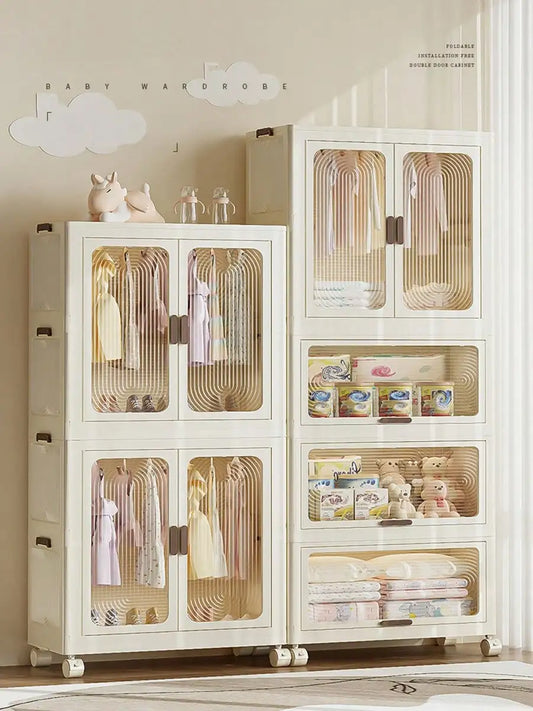 Plastic Wardrobe Closet — 27.6" Wide Stackable Multi-Layer Storage Bins with Lids & Wheels, Collapsible Drawer Organizer