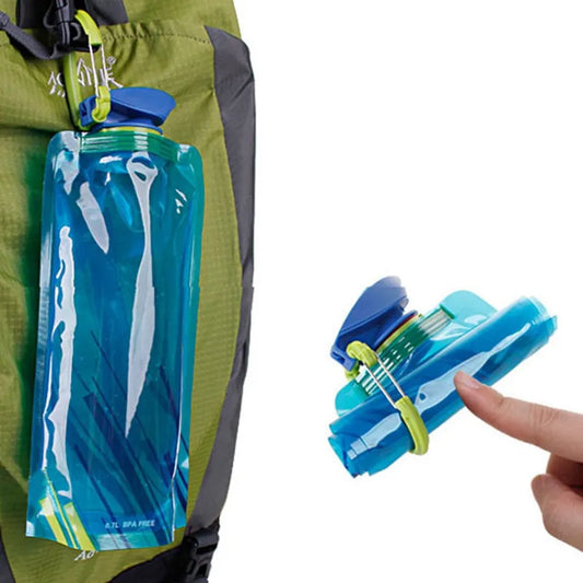 Foldable Reusable Travel Water Bottle - Flexible Plastic Water Pouch Soft Flask with Carabiner Clip