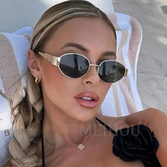Trendy Oval Sunglasses for Women | Luxury Brand Designer Metal Frame | Classic Vintage Round Shades | Unisex Sun Glasses
