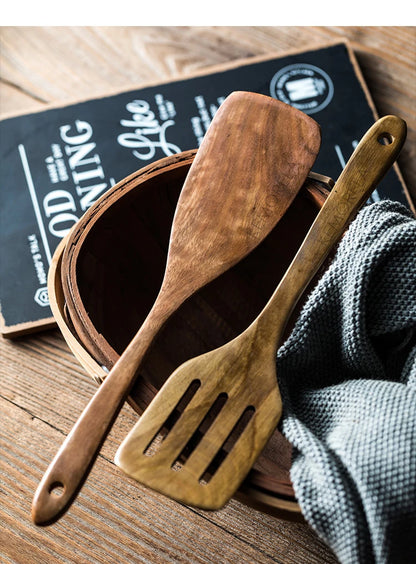 9PCS Teak Wooden Cooking Spoons Set – Kitchen Utensils with Holder