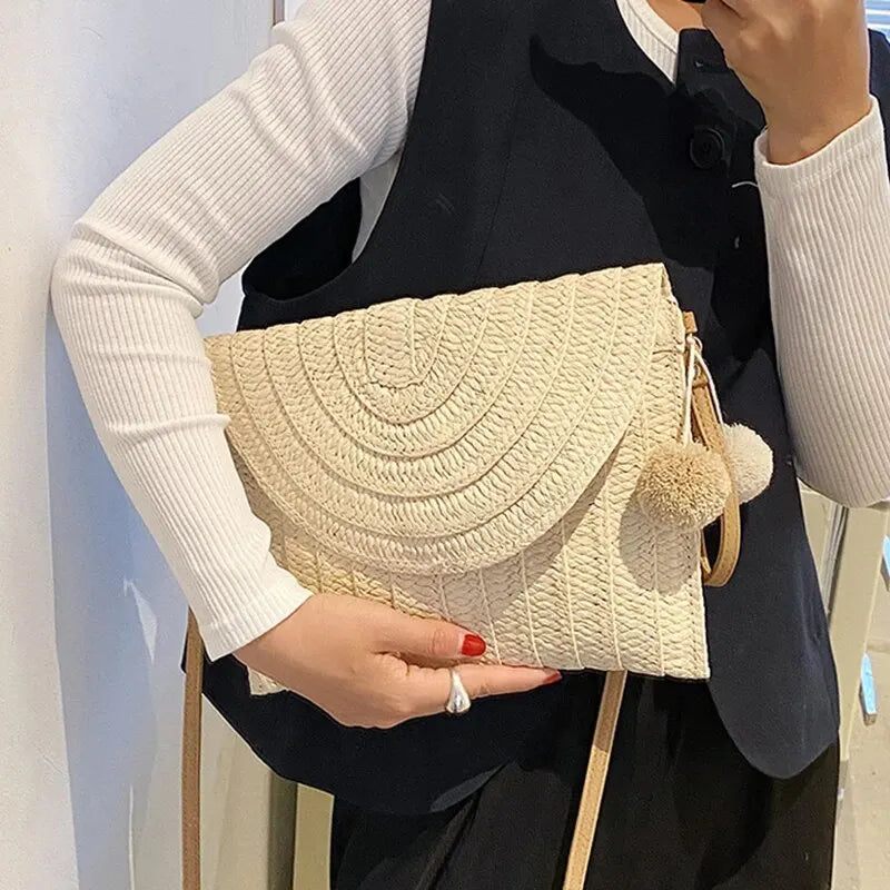 Handmade Straw Beach Bag – Small Woven Summer Shoulder Crossbody Clutch with Hair Ball