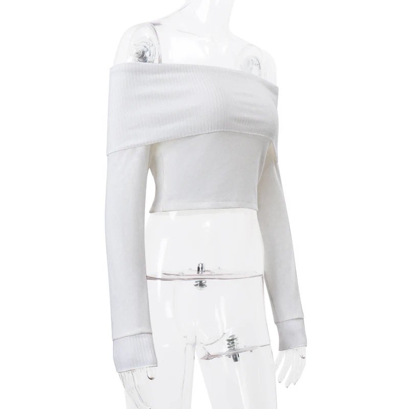 WhereMery Elegant Slash-Neck Ribbed Crop Top – Y2K Off-Shoulder Long Sleeve Camisole, Autumn Skinny French Style T-Shirt