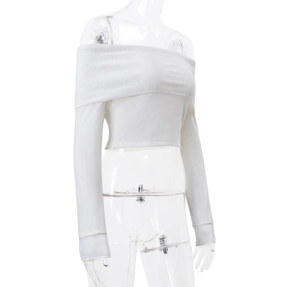 WhereMery Elegant Slash-Neck Ribbed Crop Top – Y2K Off-Shoulder Long Sleeve Camisole, Autumn Skinny French Style T-Shirt