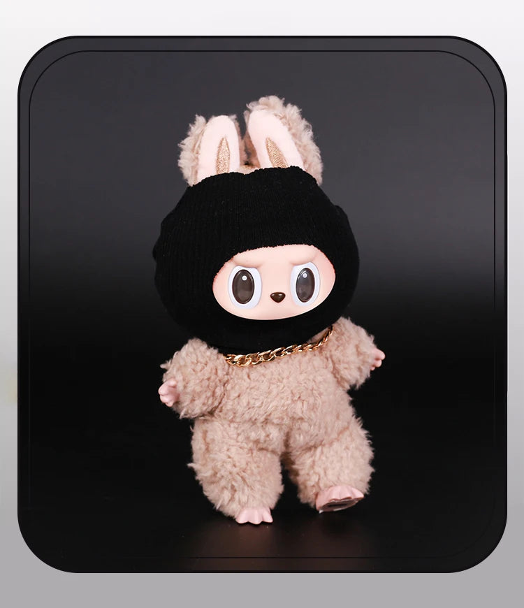 Labubu Doll Accessories – Trendy Black Knit Hat & Necklace Set, Cute and Funny Street Fashion Style