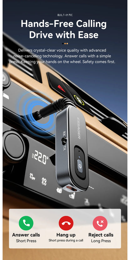 Essager 2 in 1 Bluetooth 5.1 Audio Receiver & Transmitter – Wireless 3.5mm AUX Stereo Adapter for Earphones, TV, & Car