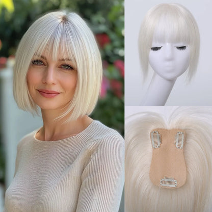 Light Grey Human Hair Topper with Thick Bangs – Clip-In 360° Coverage Hair Extensions for Women