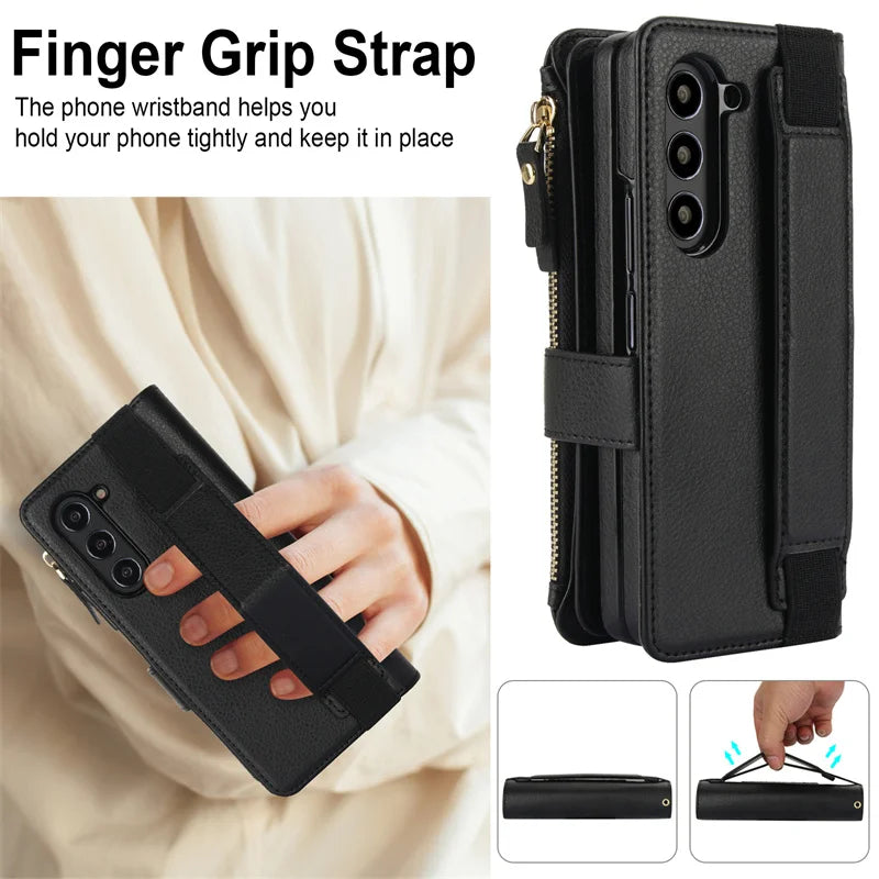Leather Wristband Wallet Case for Samsung Galaxy Z Fold 3/4/5/6 – Shock Resistant Protective Cover