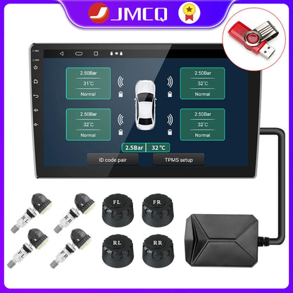 JMCQ USB Android TPMS Tire Pressure Monitoring System – 5 Internal/External Sensors with Display & Alarm for Car Navigation Radio