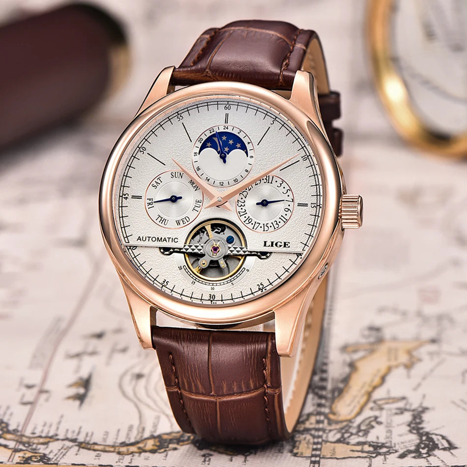 LIGE Men's Automatic Mechanical Tourbillon Watch - Waterproof Genuine Leather Military Wristwatch