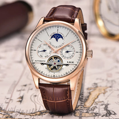 LIGE Men's Automatic Mechanical Tourbillon Watch - Waterproof Genuine Leather Military Wristwatch