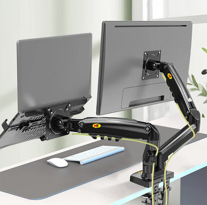 Desktop Dual Arm Gas Spring Monitor Holder + Laptop Stand | NB F160 + FP-2 | 17"-27" Monitor, 10"-17" Laptop Support | Air Press Mount Stand