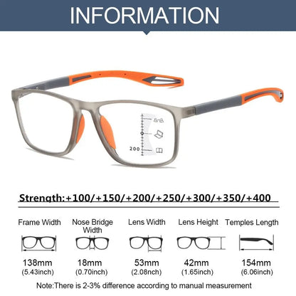 Multifocal Progressive Reading Glasses – TR90 Frame, Anti-Blue Light Sports Eyeglasses for Men & Women, Ultralight Bifocal for Presbyopia