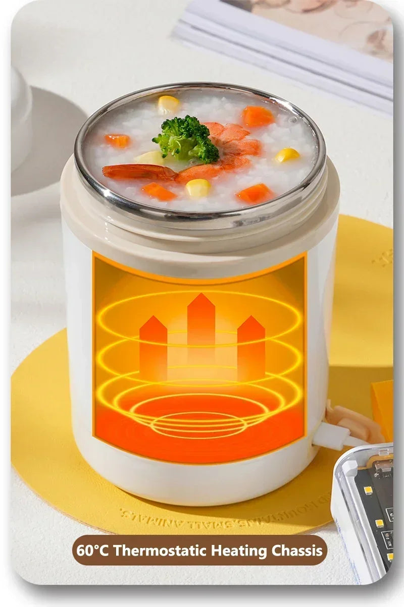 600ML USB Electric Heating Lunch Box — Portable Stainless Steel Food Warmer for Picnic, Milk, and Drinks (5V/12V/24V)