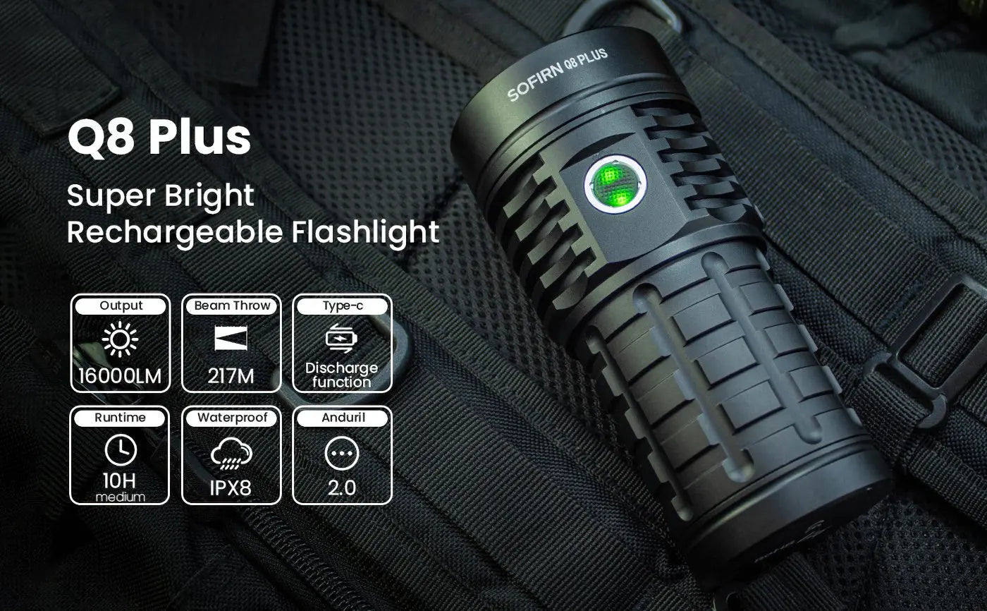 Sofirn Q8 Plus Super Powerful LED Flashlight - 16000 Lumens, USB-C Rechargeable 21700 Torch with Anduril 2.0 & Reverse Charging