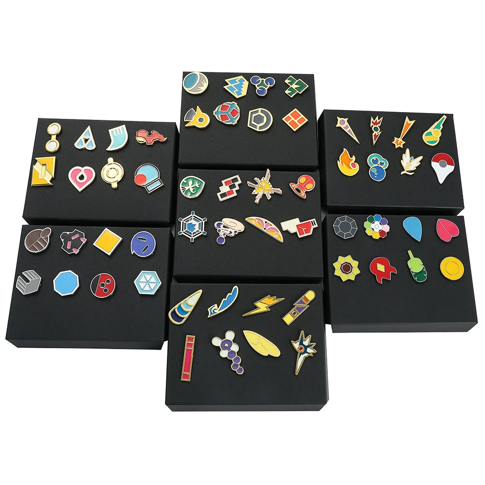 Pokémon Gym Badges Collection Box Set – Pins & Brooches from Kanto, Johto, Hoenn, Sinnoh, Unova, Kalos & Orange Islands Regions