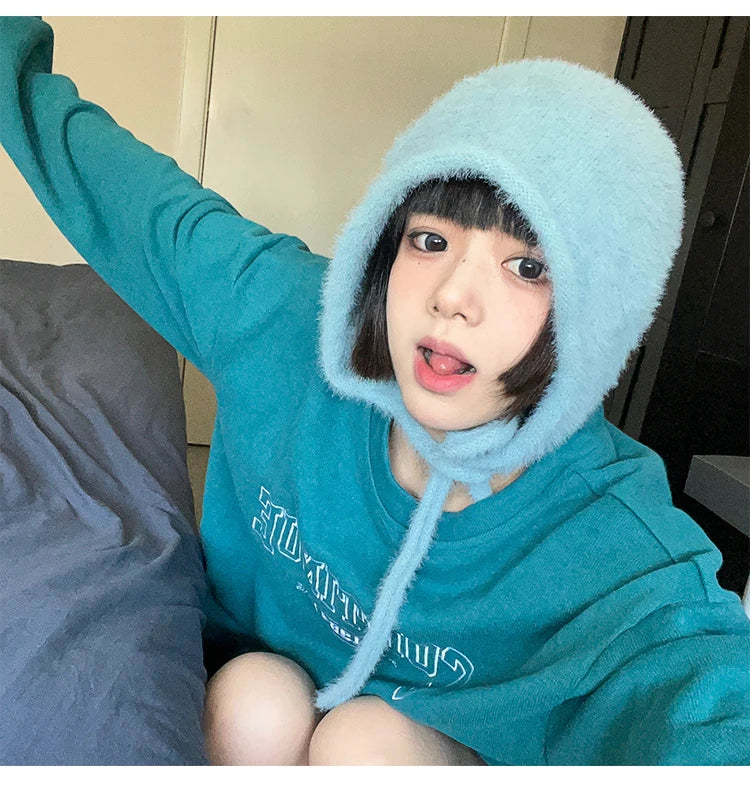 Y2K Cute Beanie Hat – Warm Japanese Knit for Autumn & Winter, Ear Protection, Tie Pullover Cap for Men & Women