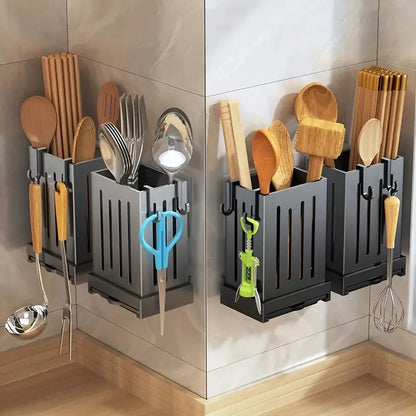 1 Piece Kitchen Chopsticks Holder - Multifunctional Wall-Mounted Utensil Drying Rack with Hooks, No Drilling Required, for Spoons and Forks