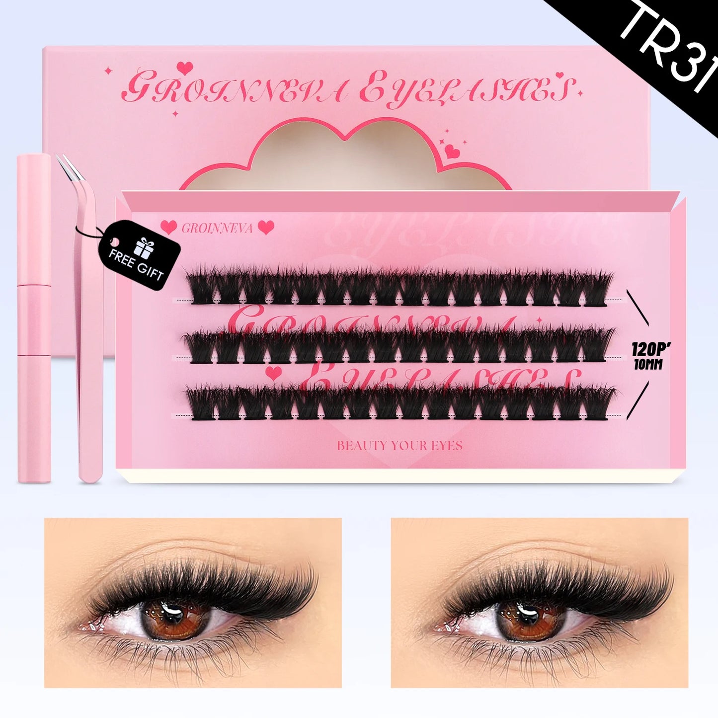 GROINNEYA Eyelash Clusters Kit – DIY Lash Extension with Bond & Seal, Waterproof Strong Hold & Tweezers