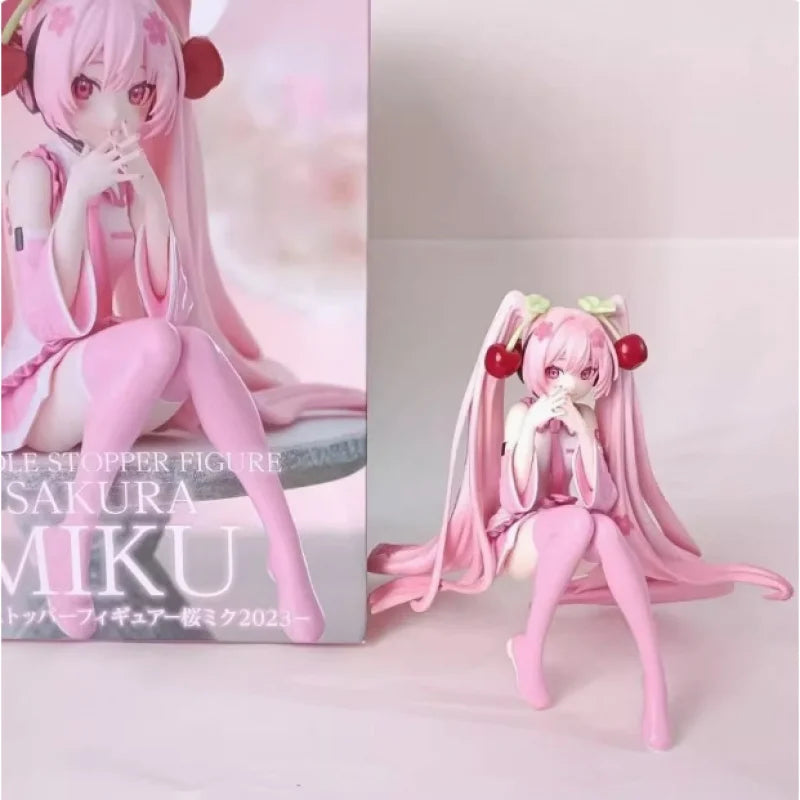 12cm Pink Hair Anime Figurine – Cute Sitting Pose TPR Model for Computer Case Decoration & Collectible Gifts