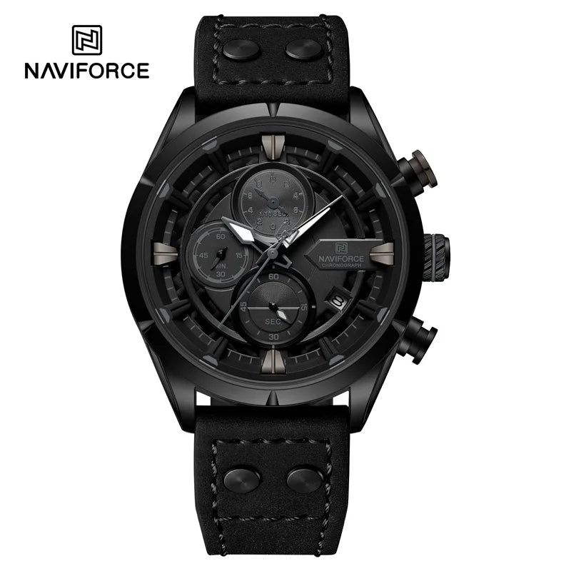 NAVIFORCE Men's Casual Watch – Luxury Waterproof Chronograph Quartz Wristwatch with Genuine Leather Strap