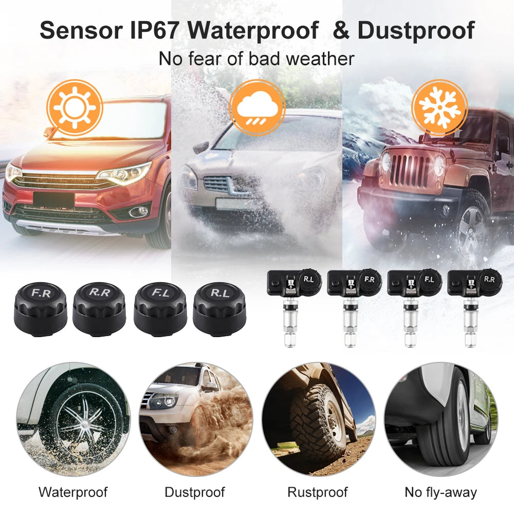Solar Car TPMS Tire Pressure Monitoring System – External Sensors for 4 Wheels Tyre Pressure Detection