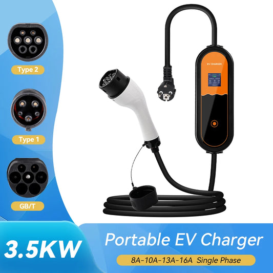 3.5KW Type 2 Portable EV Charger – Adjustable 8A-16A 1-Phase EU Plug for Electric Vehicles