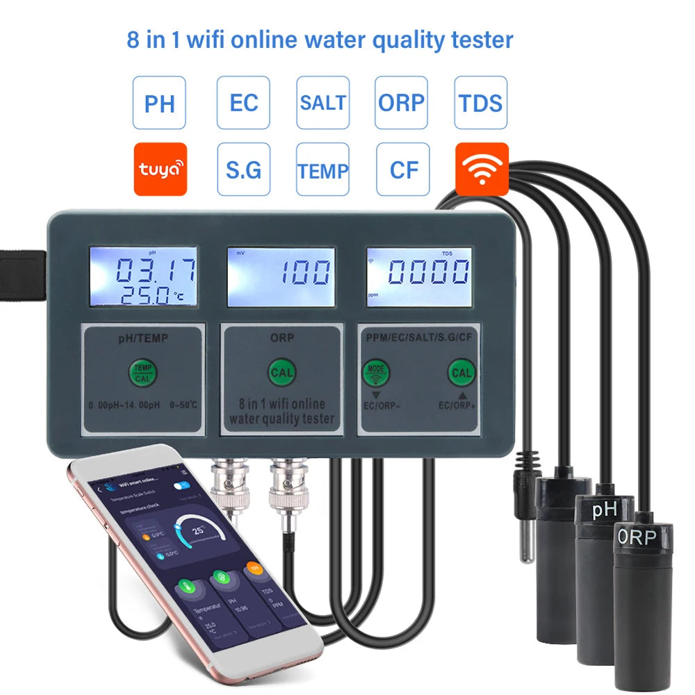 Tuya WiFi 8 in 1 Water Quality Tester – S.G, PH, EC, ORP, TDS, CF, Salt, Temp Analyzer for DIY Water Monitoring