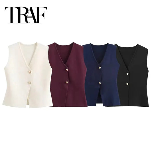 TRAF 2024 Women's Knit Vest Top – Cropped Sleeveless, Button Front, Summer Knitted Holiday Short Tops