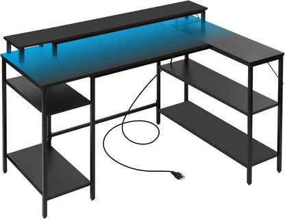 L-Shaped Gaming Desk with LED Lights – Reversible Computer Desk with Power Outlets, Stand & Shelves