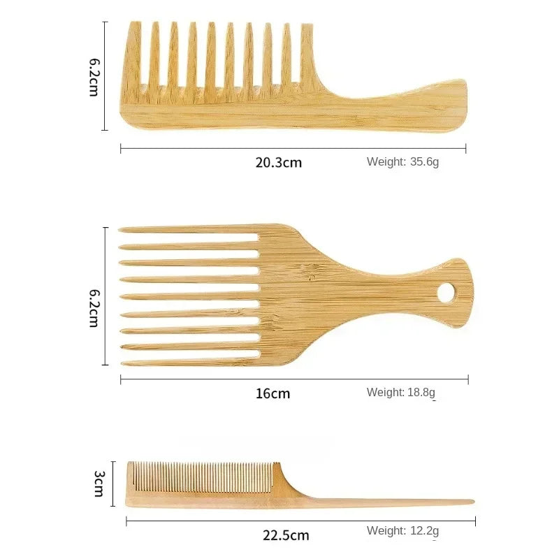 Natural Bamboo Wooden Hair Comb – Anti-Static Afro Fork, Wide Tooth Round Comb & Hair Brush for Women