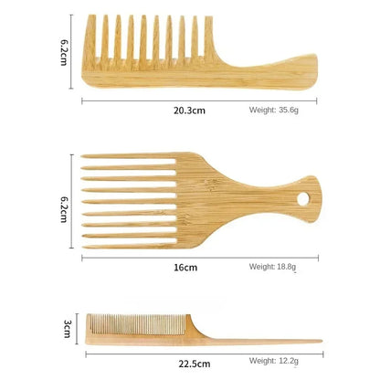 Natural Bamboo Wooden Hair Comb – Anti-Static Afro Fork, Wide Tooth Round Comb & Hair Brush for Women