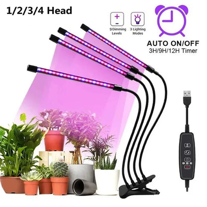 1/2/3/4 Head LED Plant Grow Light — Clip-On Full Spectrum Lamp with USB, Dimmable, Timer & 3-Color Switching for Indoor Plants