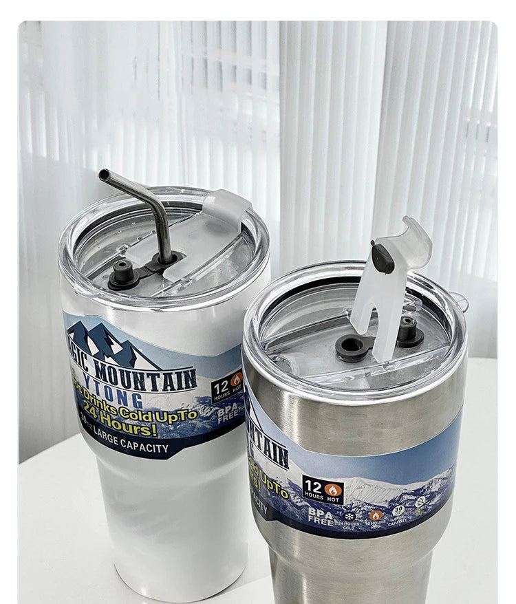 Magic Stainless Steel Thermos Cup with Straw – Vacuum Insulated Ice Coffee Travel Bottle for Car, Outdoor & Mountain Use