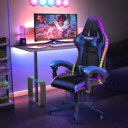 RGB Gaming Chair with LED Lights – Ergonomic PU Leather High Back Reclining Office Chair with Headrest