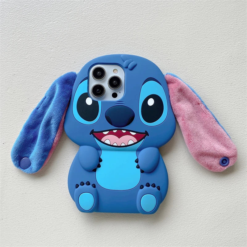 3D Stitch Plush Phone Case — Soft Silicone Cartoon Cover with Ear Strap for iPhone 11-16 Pro Max