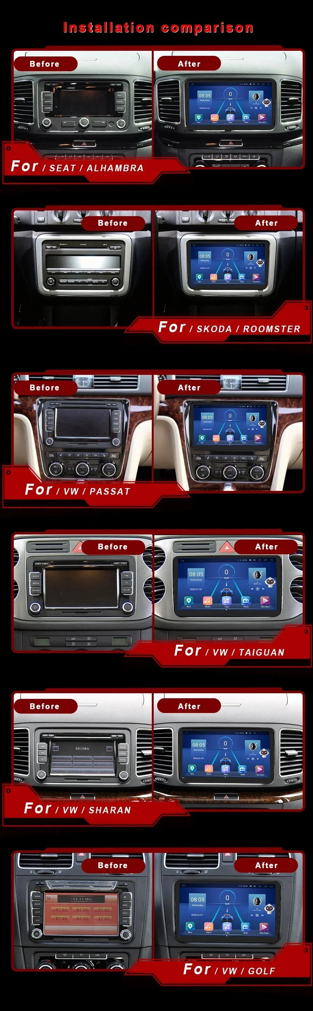 2DIN Android Car Radio for Volkswagen Golf 5/6, Polo, Passat B6/B7, CC, Skoda, Jetta - Multimedia, CarPlay, Wifi & GPS Navigation