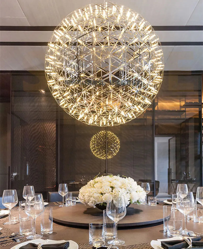 Italy Designer Spark Ball LED Chandelier – Stainless Steel Firework Pendant Lamp with Remote for Loft Living Room Decor