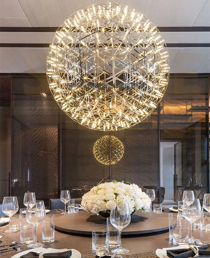 Italy Designer Spark Ball LED Chandelier – Stainless Steel Firework Pendant Lamp with Remote for Loft Living Room Decor